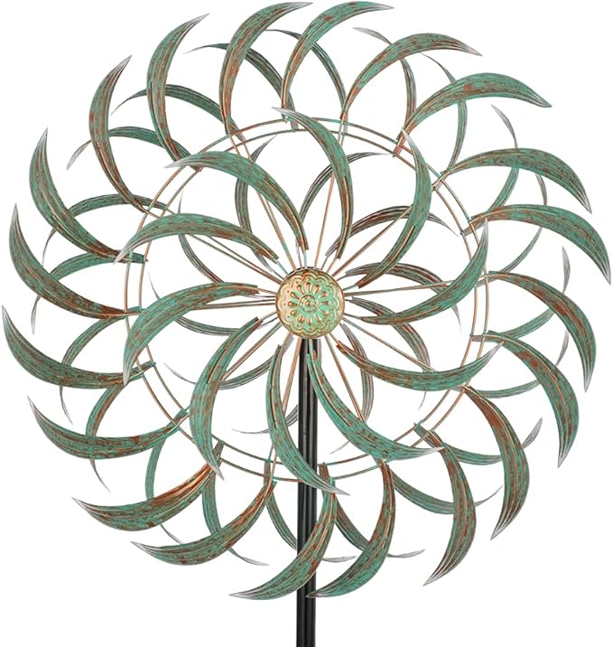 Viveta Large Outdoor Wind Spinner,21 * 85 inches Metal Wind Sculpture with 4 Sturdy Stakes,Green Double Wind Spinners,Decorative Windmill for Yard and Garden-Ruum Studio Home