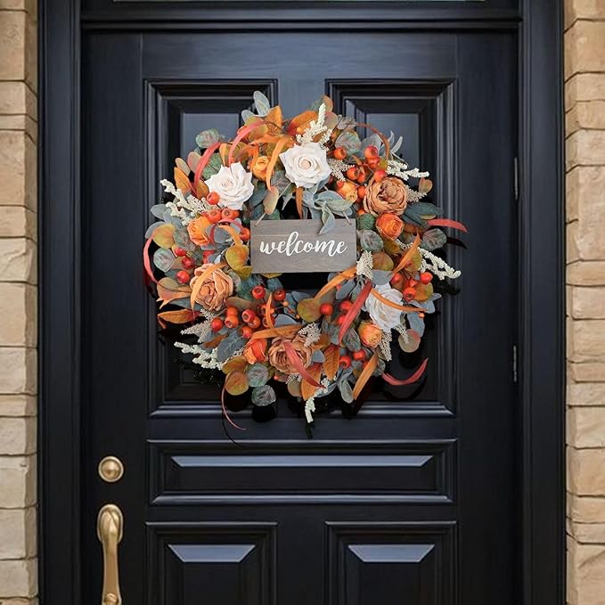 Fall Wreath for Front Door, 24 Inch Autumn Wreath with lamb's Ear Leaves, Roses, Berries & Wooden Sign,Fall Decorations for Home, Artificial Flowers Harvest and Thanksgiving Indoor & Outdoor-Ruum Studio Home