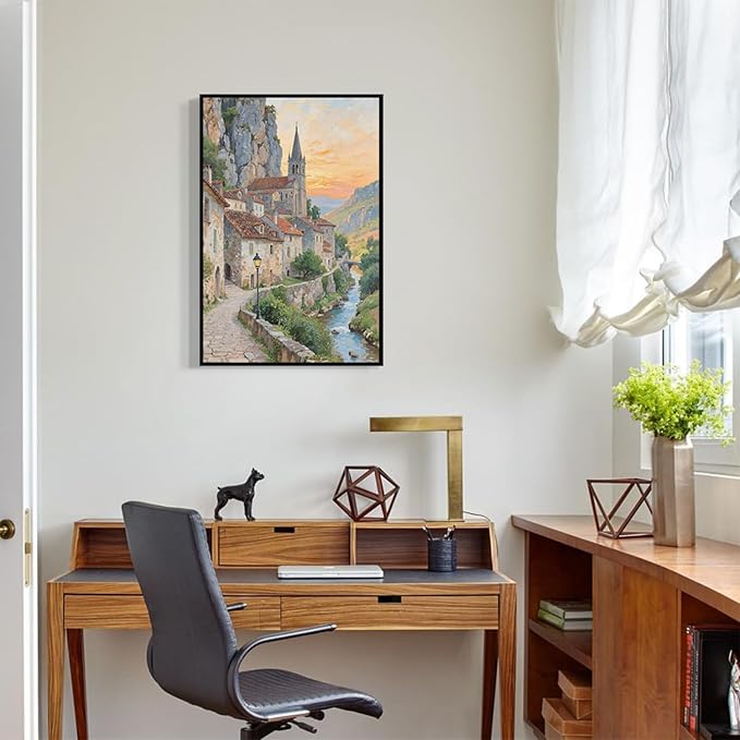 Small town scenery poster on the bank of the mountain stream is suitable for living room bedroom and office natural oil painting poster-Ruum Studio Home