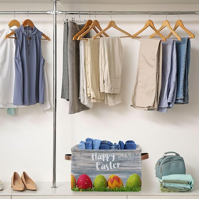 Happy Easter Eggs Storage Basket Cube Storage Bins Organizer Bag Collapsible Closet Shelf Baskets with handle for Baby Cloth Pet Toy Book 14.2×10.2×8.3 IN-Ruum Studio Home