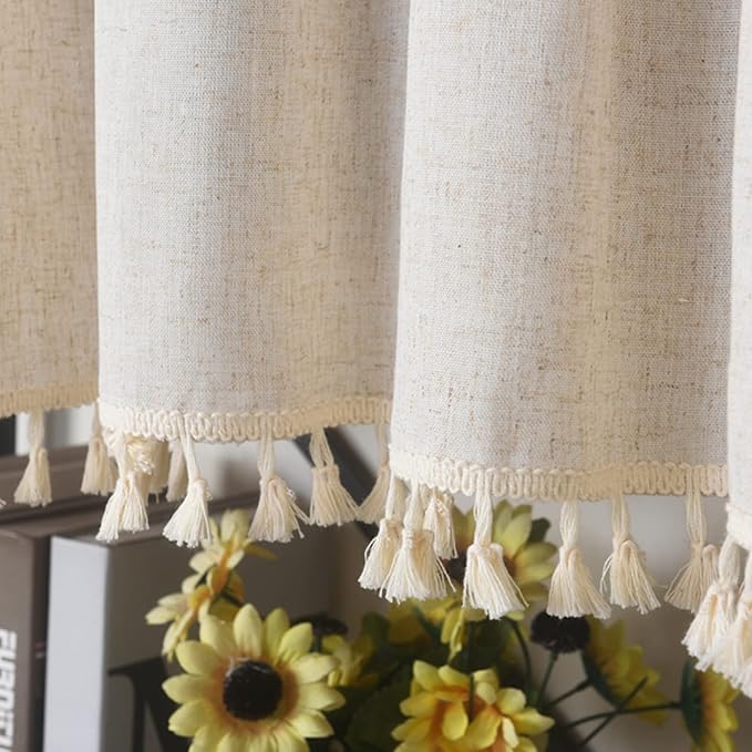 Sutuo Home Boho Sheer Curtain Valance Tier Cotton Linen with Bohemian Handmade Tassels, Short French Farmhouse Window Treatment for Kitchen Cafe, Rod Pocket, 1 Panel 59" W x 24" L, Natural Textured-Ruum Studio Home