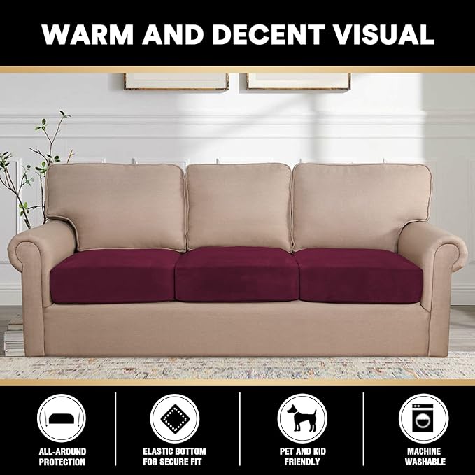 PrinceDeco Stretch Couch Cushion Covers Fitted Individual Seat Couch Slipcover Sets Velvet Fabric Soft Slip Cover for Chair Sofa Cushion Furniture Protector(Each Width Up to 29.5",Burgundy)-Ruum Studio Home