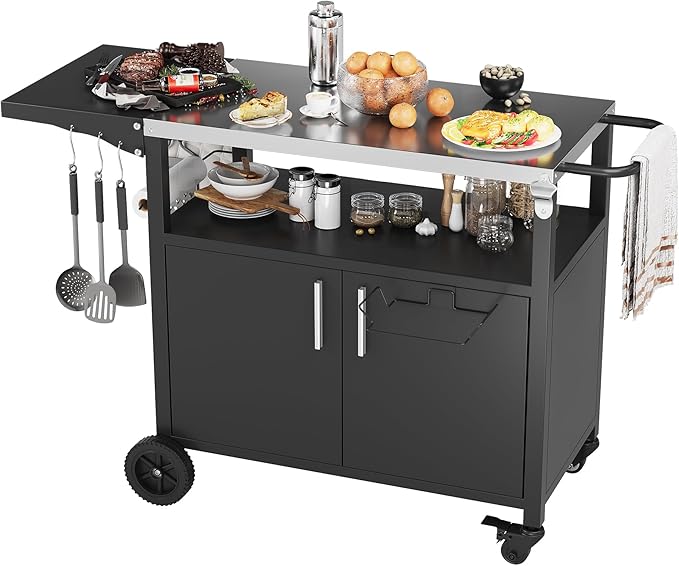 JY QAQA Outdoor Grill Cart with Storage,Patio Kitchen Island Outdoor Grill Table with Wheels,BBQ Cart Movable Pizza Oven Table Stand, Storage Cabinet, Foldable Tabletop, Black-Ruum Studio Home