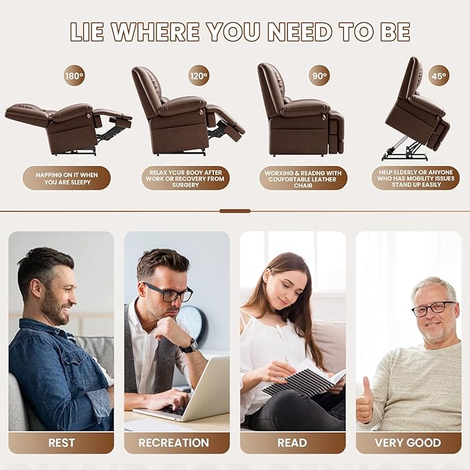 Large Dual Motor Power Lift Recliner Chair with Massage and Heat for Elderly People, Infinite Position,USB Ports and Remote Control,Breathable Leather (Red Brown)-Ruum Studio Home
