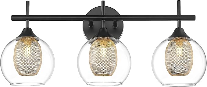 Bathroom Light Fixtures, 3-Light Black and Gold Vanity Lights Over Mirror, Farmhouse Wall Sconce Lighting with Clear Glass and Honeycomb Metal Shade, AD-22001-3W-BK-Ruum Studio Home