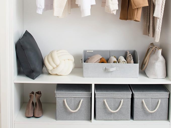 StorageWorks Storage Bins with Lids, Decorative Storage Boxes with Lid and Soft Rope Handles, Foldable Storage Baskets for Closet, Shelves, Stackable, Gray, Jumbo, 3-Pack-Ruum Studio Home