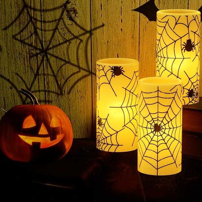 Wondise Halloween Flickering Flameless Candles with Spider Decals, Battery Operated Candles with 6hrs Timer, Real Wax Halloween LED Candles for Horror Spooky Halloween Home Decoration(Set of 3, 3"x6")-Ruum Studio Home