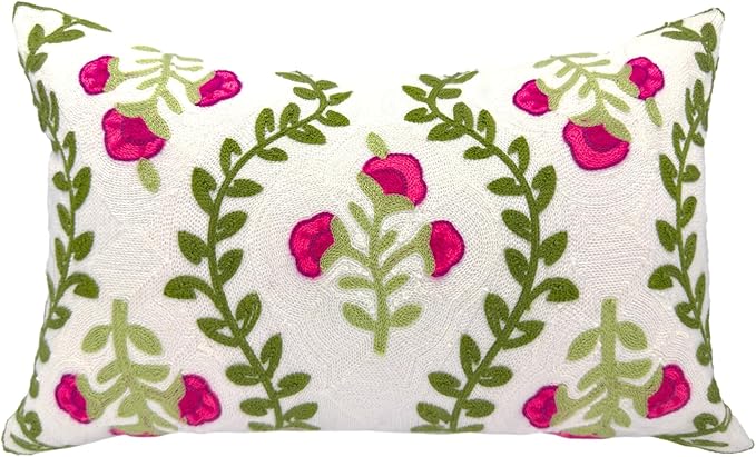 Alysheer Flower Embroidered Summer Decorative Lumbar Throw Pillow Cover 12"x 20", Farmhouse Cottage Hot Pink Floral Green Leaves Patterned Cotton Canvas Cushion Case for Sofa Couch Bed Living Room-Ruum Studio Home