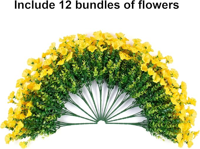 Artificial Mums for Outdoors Fake Fall Flowers Plants for Autumn Decoration, 12 Bundles Silk Morning Glory with Eucalyptus Look Real UV Resistant Yellow Faux Mums for Outside Planters Front Door Yard-Ruum Studio Home