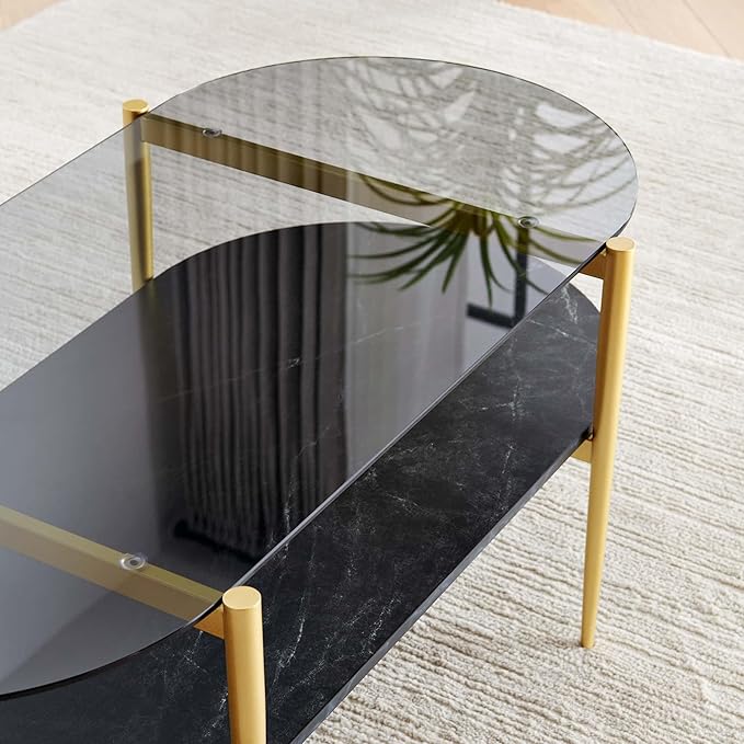 Oval Glass Coffee Table, Mid-Century Modern Design, L41 x W21 x H17 inch, for Living Room, Grey Glass Top, Black Marble Finish Wood Shelf & Gold Finish Frame-Ruum Studio Home