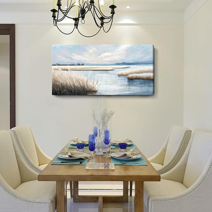 amatop Large Coastal Wall Art Abstract Landscape Beach Ocean Marsh Canvas Print Calming Soft Blue and Beige Wetland Picture Minimalist Neutral Nature Artwork for Bedroom Living Room Office 48x24-Ruum Studio Home