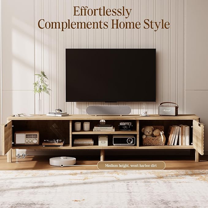TV Stand for Living Room - up to 80 Inch TVs Mid Century Modern Entertainment Center with Storage and Adjustable Shelves, Media Console Table Oak 70"-Ruum Studio Home