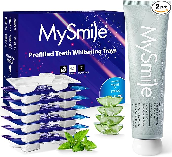 MySmile 7 Treatment Prefilled Teeth Whitening Trays 12% Hydrogen Peroxide and Fluoride Free Nano Hydroxyapatite Toothpaste Combo for Sensitive Teeth Relief, Enamel Repair and Teeth Remineralization-Ruum Studio Home