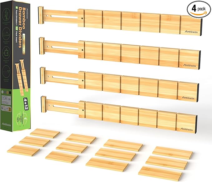 ANTOWIN 4 Pack Expandable Drawer Dividers, 2.2'' High, Extend from 17'' to 22'', Dresser Drawer Organizers, Bamboo Separators for Kitchen, Bedroom, Office, Bathroom, with 12 Pack Divider Inserts-Ruum Studio Home