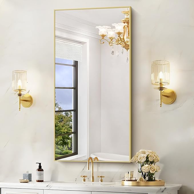 48x24In Gold Bathroom Mirror for Wall, Brushed Gold Rectangle Mirrors with Metal Frame, Bathroom Rectangular Mirror Modern Wall Mirror for Bedroom Living Room, Hangs Horizontal or Vertical-Ruum Studio Home