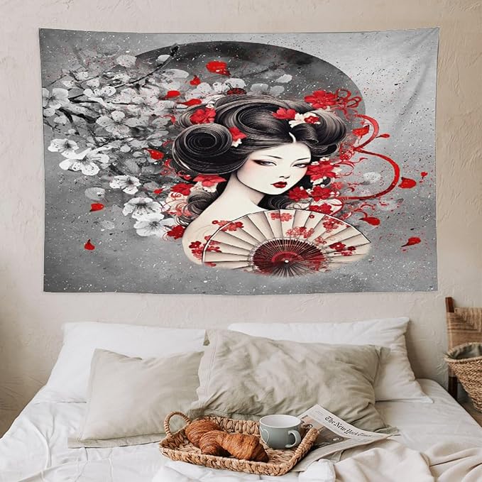Japanese Geisha Tapestry Asian Red Cherry Blossom Red Sun Traditional Kimono Folk Tapestries Home Decor for Living Room Bedroom Apartment Farmhouse Dorm 60"x40"-Ruum Studio Home