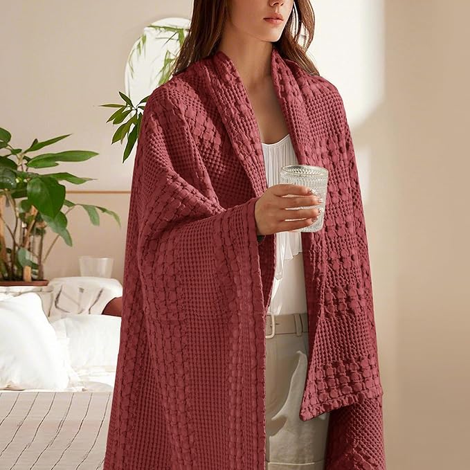 PHF 100% Cotton Waffle Weave Throw Blanket, Soft Lightweight Breathable Cozy Summer Throws for Couch Bed Sofa, Luxury Aesthetic Woven Blanket for Home Decor & Office, 50"x60", Wine Red-Ruum Studio Home