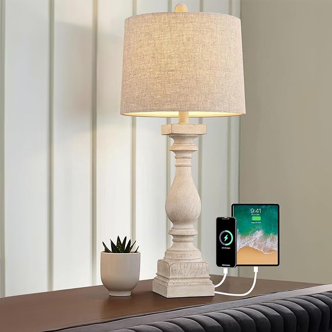BOBOMOMO Retro 27" USB Charging Ports A/C Wash-White Farmhouse Lamps for Bedrooms Side Table Lamps Bedside Lamp for Nightstand Living Room 1 Pack-Ruum Studio Home