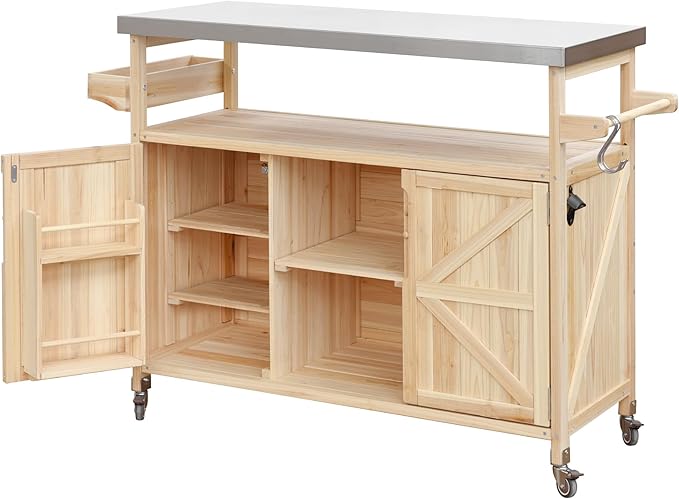 Outdoor Grill Table with Stainless Steel Top, Farmhouse Solid Wood Kitchen Island Cart with Internal Storage Rack, Outdoor Bar Cart with Storage Cabinet, Spice & Towel Rack, Natural-Ruum Studio Home
