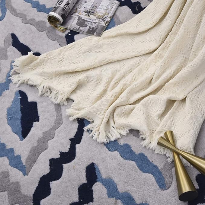 Simple&Opulence 100% Cotton Throw Blanket for Bed, Couch, Boho Luxury Geometric Knit Woven Blanket with Tassels Soft Lightweight Cozy Breathable, Vintage Farmhouse Decoration for All-Season(White)-Ruum Studio Home