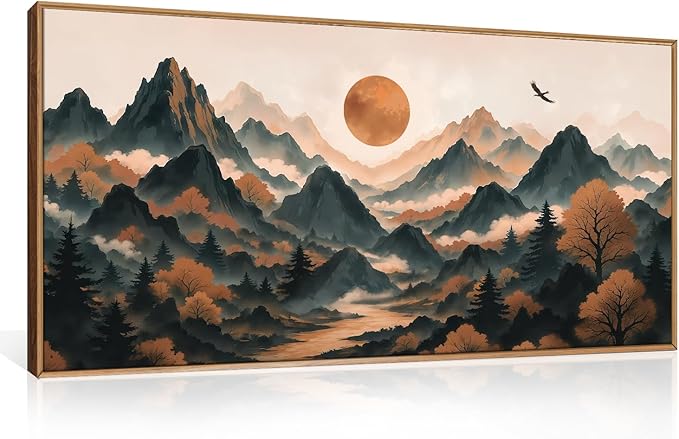 Large Boho Mountain Framed Canvas Wall Art Set, Brown Ridge Landscape Wall Decor, Pine Tree Scenery Wall Painting, Abstract Wilderness Art Print for Living Room, Bedroom, Office - 20X40-Ruum Studio Home