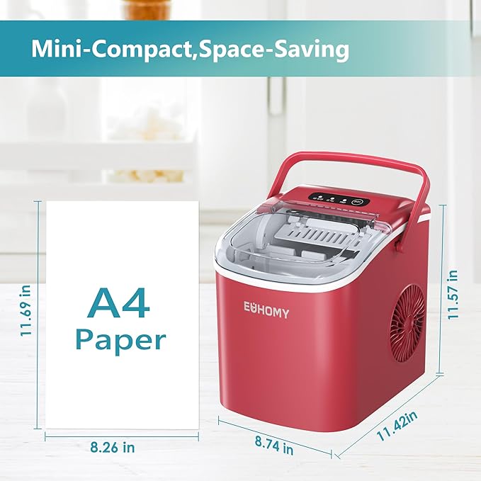 EUHOMY Countertop Ice Maker Machine with Handle, 26lbs Per Day, 9 Ice Cubes Ready in 6 Mins, Auto-Cleaning Portable Ice Maker with Basket and Scoop, for Home/Kitchen/Camping/RV (Red)-Ruum Studio Home