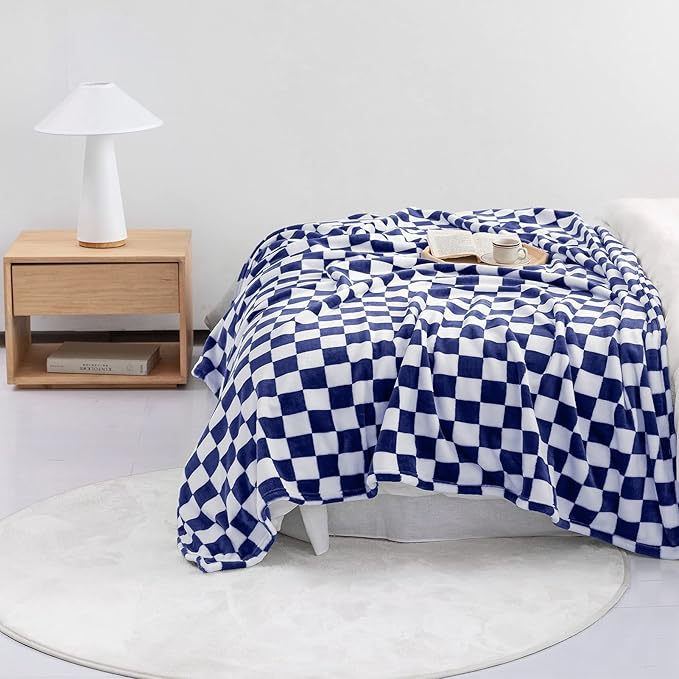 LOMAO Throw Blankets Flannel Blanket with Checkerboard Grid Pattern Soft Throw Blanket for Couch, Bed, Sofa Luxurious Warm and Cozy for All Seasons (Dark Blue, 60"x80")-Ruum Studio Home