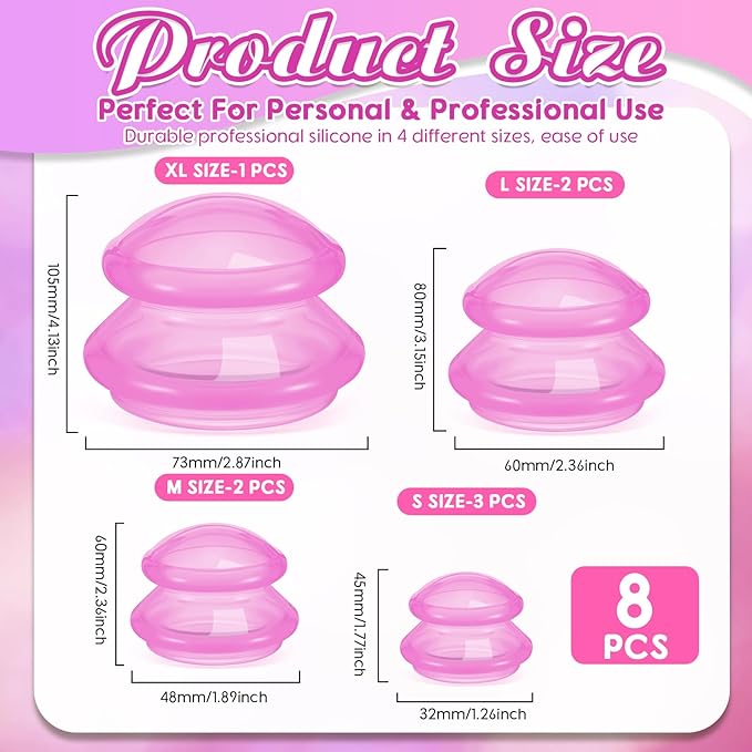 Nuanchu 8 Pcs 4 Sizes Cupping Therapy Set with Satin Bag Silicone Massage Cups Professional Cupping Therapy Vacuum Cup for Cellulite Joint Pain Muscle Pain(Clear Hot Pink)-Ruum Studio Home