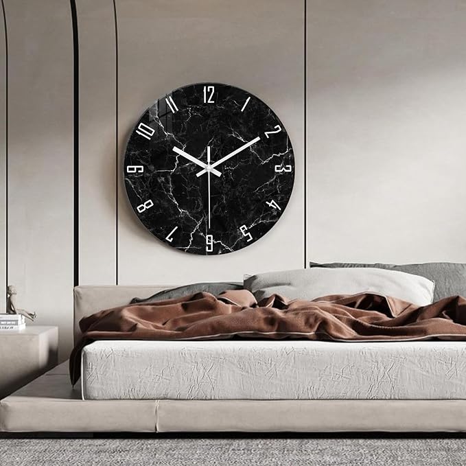 Oversized Decorative Clocks Battery Operated 24 Inch Marble Black Wall Clock for Office Round Non Ticking Wall Clock Silent-Ruum Studio Home