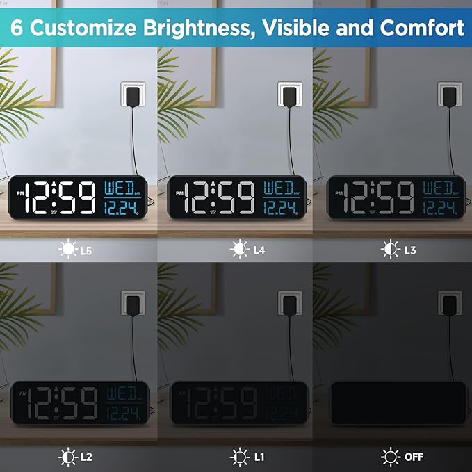 Peakeep Large Display Digital Alarm Clock for Bedrooms, Date Day of Week Calendar Desk Table Clocks for Living Room Office, Dimmable Plug in Electric Clock, 5 Volumes, Loud, Auto DST-Ruum Studio Home
