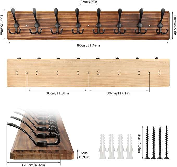 Coat Rack Wall Mount, Wooden Heavy Duty Coat Rack for Wall,8 Triple Coat Hanger Hooks for Hanging Coats,Jacket,Hat,Clothes (Brown, 8 Hooks)-Ruum Studio Home