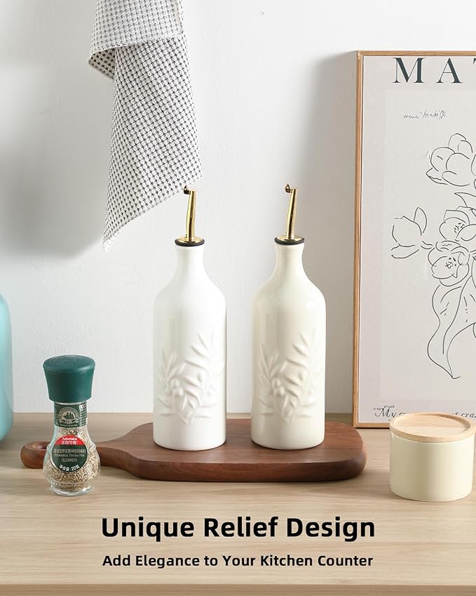 Sweejar Ceramic Olive Oil Dispenser Bottle 20 Oz Relief Opaque Oil Cruet Protects To Reduce Oxidation Suitable for Storage Vinegar, Soy Sauce, Coffee Syrup, Liquids, Set of 1 (White Gold Spout)-Ruum Studio Home
