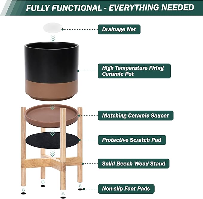D'vine Dev Ceramic Planter with Natural Stand - 10 Inch Modern Round Flower Pot with Wood Planter Holder, Black/Speckled Tan, 55-B-K-7-Ruum Studio Home