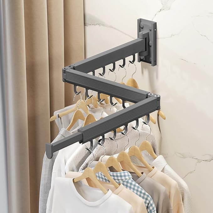 Wall Mounted Clothes Drying Rack,Laundry Drying Rack Wall Mount,Clothes Hanger,Drying Rack Clothing,Retractable Laundry Rack for Hanging Clothes,Collapsible,Foldable,Grey-Hooks-Ruum Studio Home