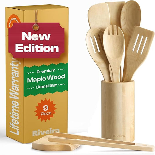 Riveira Maple Wooden Spoons for Cooking Set of 9 – Natural Maple Wooden Cooking Utensils, Wooden Spatula, Wooden Spoon - Premium Quality Wooden Utensil Set for Non-Toxic Cooking-Ruum Studio Home