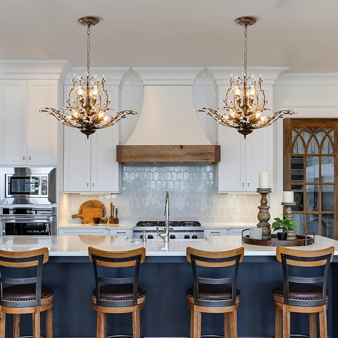 Vintage Farmhouse Chandelier 8-Light Crystal Branch Pendant Lights for Living Room Dining Room Porch Kitchen Island Bedroom Restaurant, Aged Bronze-Ruum Studio Home