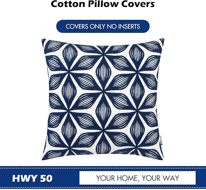 HWY 50 Navy Blue Decorative Throw Pillow Covers 18x18 Inch (1 Piece), Embroidered Cotton Farmhouse Cushion Cover Pillow Case for Sofa Couch Living Room Bed, Fashion Geometric-Ruum Studio Home