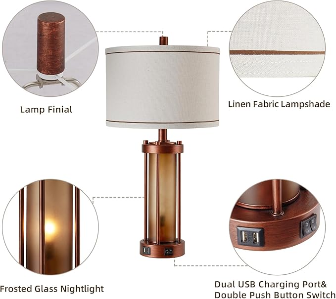 Set of 2 Farmhouse Table Lamps for Living Room, Rustic Bedside Lamps with 2 USB Charging Ports, Bedroom Nightstand Lamp with Amber Frosted Glass Nightlight, 4 Bulbs Includes-Ruum Studio Home