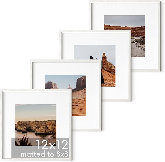 HAUS AND HUES Solid Oak Wood 12”x12” Picture Frames Matted to 8”x8” Set of 4-12x12 White Square Frames, White Wood Picture Frames, White Picture Frames for Wall, 12 x 12 Frames, Square Picture Frames-Ruum Studio Home