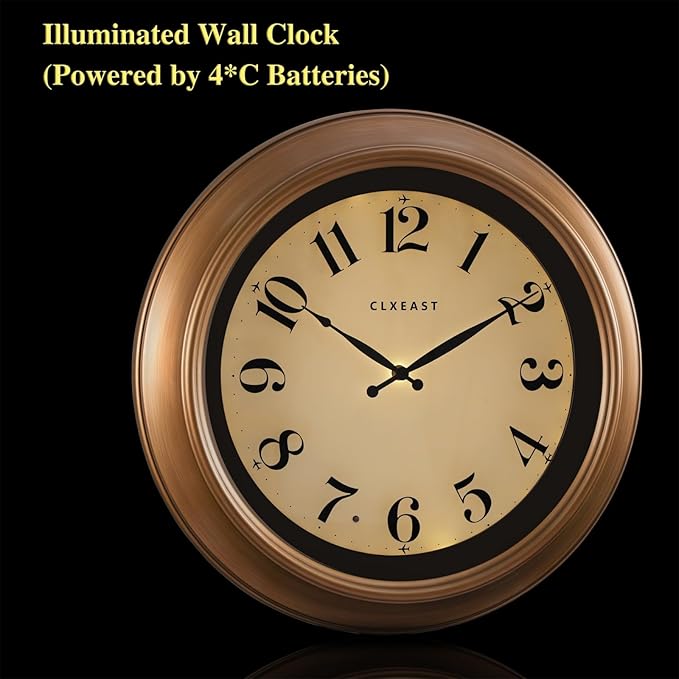 CLXEAST 18 Inch Glow in The Dark Wall Clocks for Living Room Decor, Large Illuminated Gold Wall Clock,Antique Brushed Gold,House Warming Gifts New Home-Ruum Studio Home
