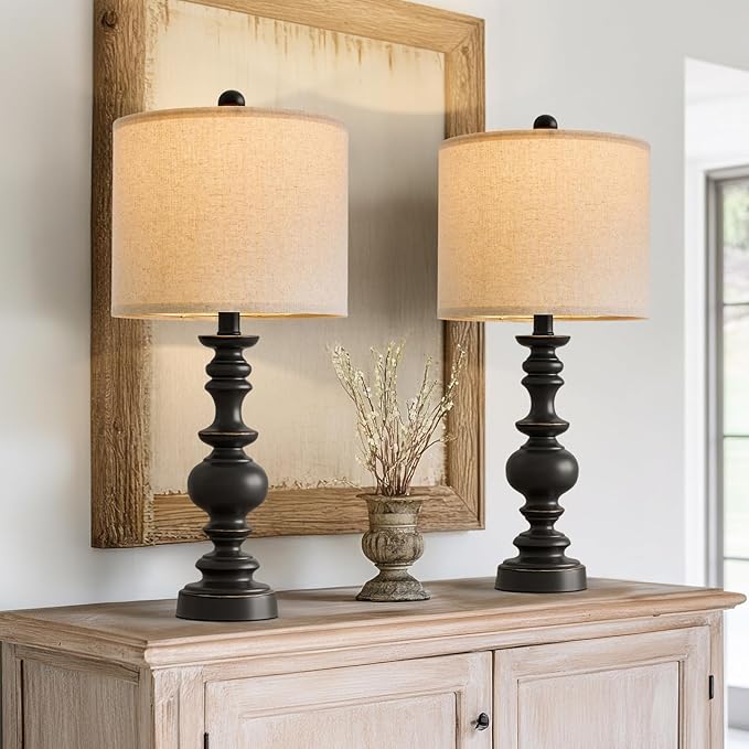 BOBOMOMO 24" Traditional Farmhouse Table Lamp Set of 2, Vintage Resin Lamps for Living Room Bedroom, Rustic Nightstand Lamp with Linen Shades, Retro Black Table Lamps for Living Room, Bedroom, Office-Ruum Studio Home