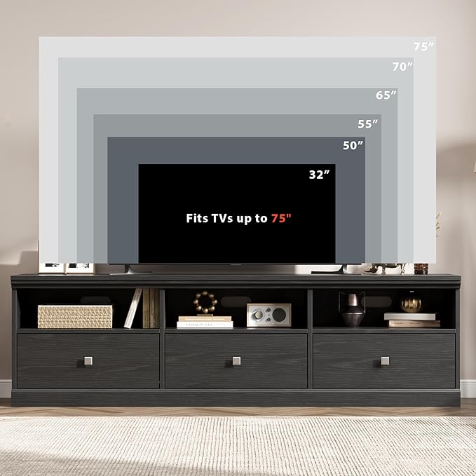 IDEALHOUSE 70in TV Stand for TVs up to 80", Mid Century Modern Entertainment Center with Storage Drawer and Open Shelves, TV Console Media Cabinet for Living Room, Bedroom, Black-Ruum Studio Home