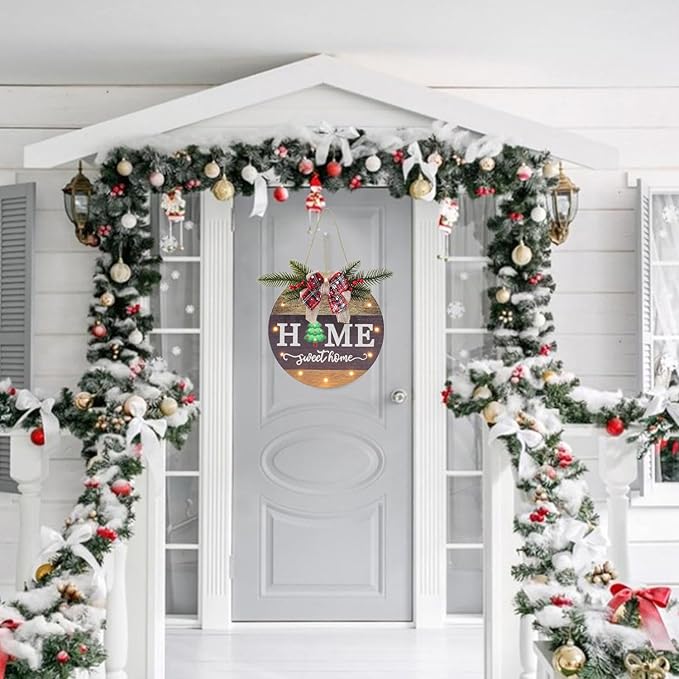 Interchangeable Seasonal Welcome Sign Front Door Decoration with 4 Seasonal Wreaths and LED Light, Rustic Round Wood Wreaths Wall Hanging Outdoor, Farmhouse Front Door Decoration Home Décor-Ruum Studio Home