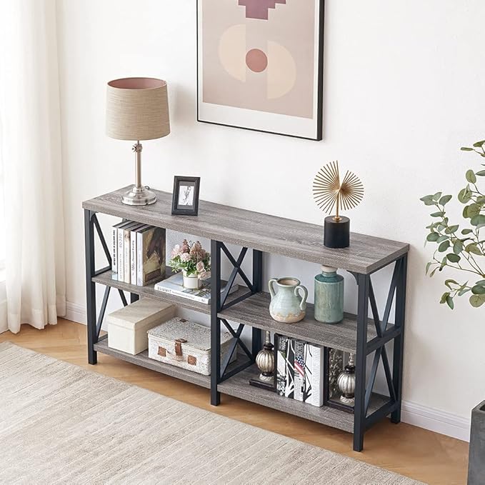 LVB Rustic Sofa Table, Farmhouse Console Table for Living Room, Hallway entryway Table with Storage, Entry Table for Foyer, Light Grey Oak, 55 Inch-Ruum Studio Home
