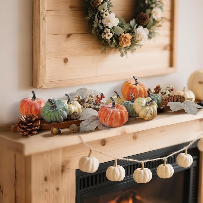 Artmag 25 PCS Pumpkin Decor Set, Artificial Pumpkins Fall Decor for Halloween Thanksgiving Decorations with Acorns, Pinecones, Berries, Maple Leaves for Home Table-Ruum Studio Home