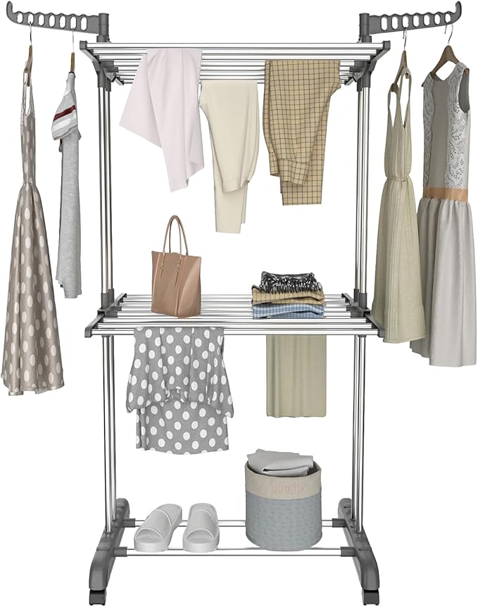 Bigzzia 3 Tier Clothes Drying Rack, 57 Inch Laundry Drying Rack, Foldable Stainless Steel Kids Clothing Rack, Movable Laundry Rack for Indoor Outdoor - Grey-Ruum Studio Home