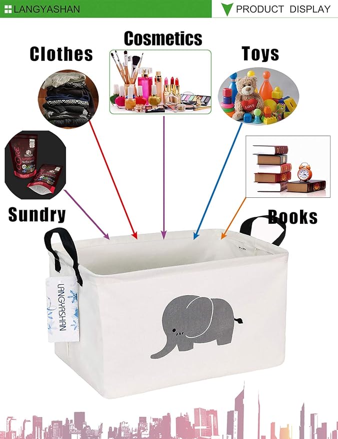 LANGYASHAN Rectangular Storage Bin Collapse Canvas Fabric Cartoon Storage Basket with Handles for Organizing Home Kitchen Boys and Girls Toys Office Closet Shelf Baskets (REC Elephant)-Ruum Studio Home