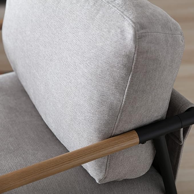 Mid-Century Accent Chair, Soft Armchair Chenille Fabric Lounge Chair with Black Metal Legs, Upholstered Leisure Chair for Living Room Bedroom Reception Room, 1PC, Grey-Ruum Studio Home