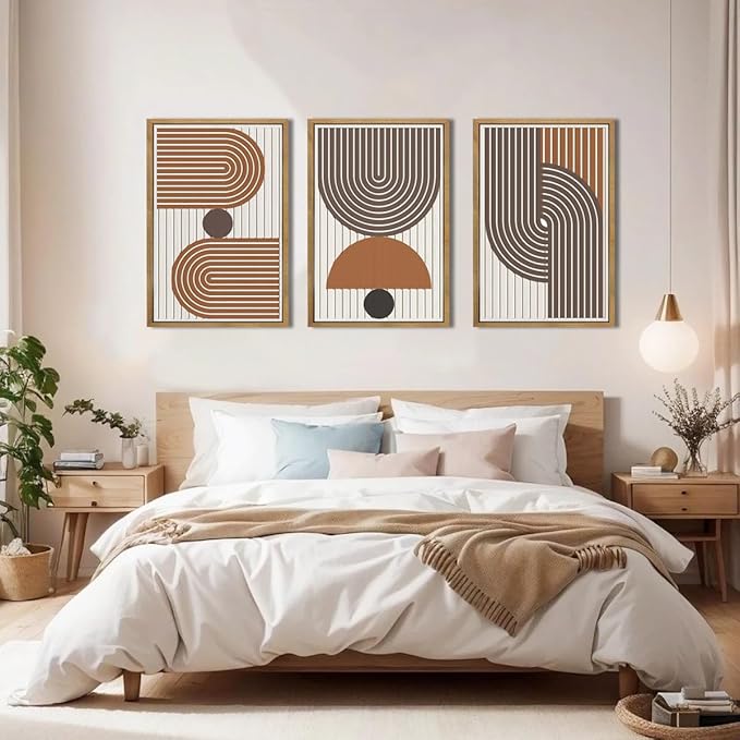 Mid Century Boho Modern Wall Art Set Abstract Geometric Wooden Wall Decor Minimalist Line Neutral Artwork Mid Century Wood Art Decor for Living Room Bedroom Office-16x24Inch x3-Ruum Studio Home