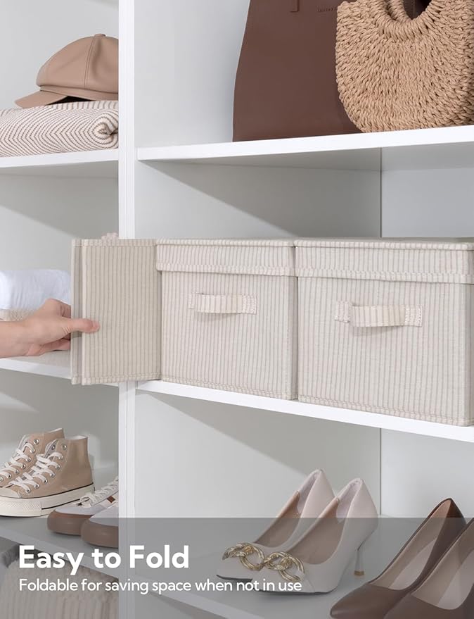 StorageWorks Large Storage Bins with Lids, Decorative Storage Boxes with Lid and Handles, Foldable Storage Baskets for Closet, Shelves, Stackable, Khaki Stripe, 3-Pack-Ruum Studio Home